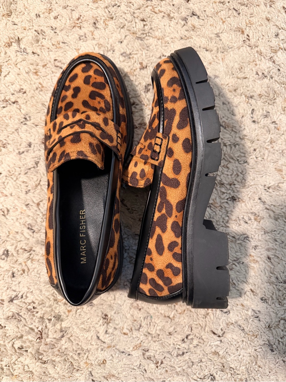 Marc Fisher Leopard-Print Penny Loafers with Black Lug Soles